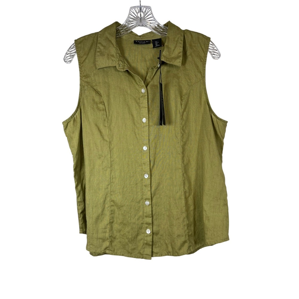 NWT TAHARI Sz L Top 100% Linen Olive Green Shell Button Shirt Blouse Tank New